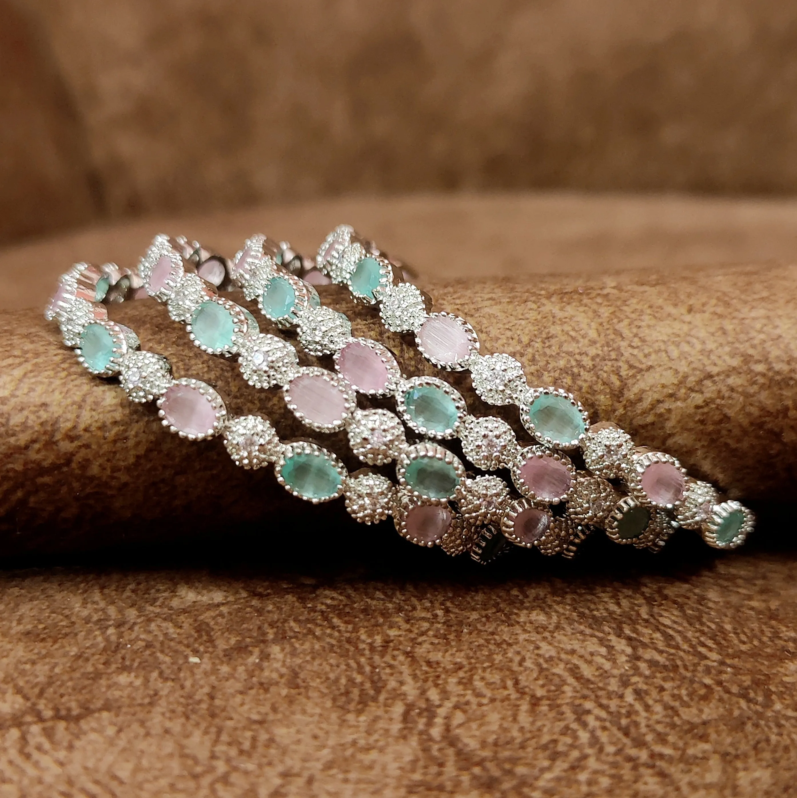 SILVER PLATED MINT & PINK COLOUR CZ BANGLES