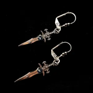 Silver Sword Earrings with Blue Crystals