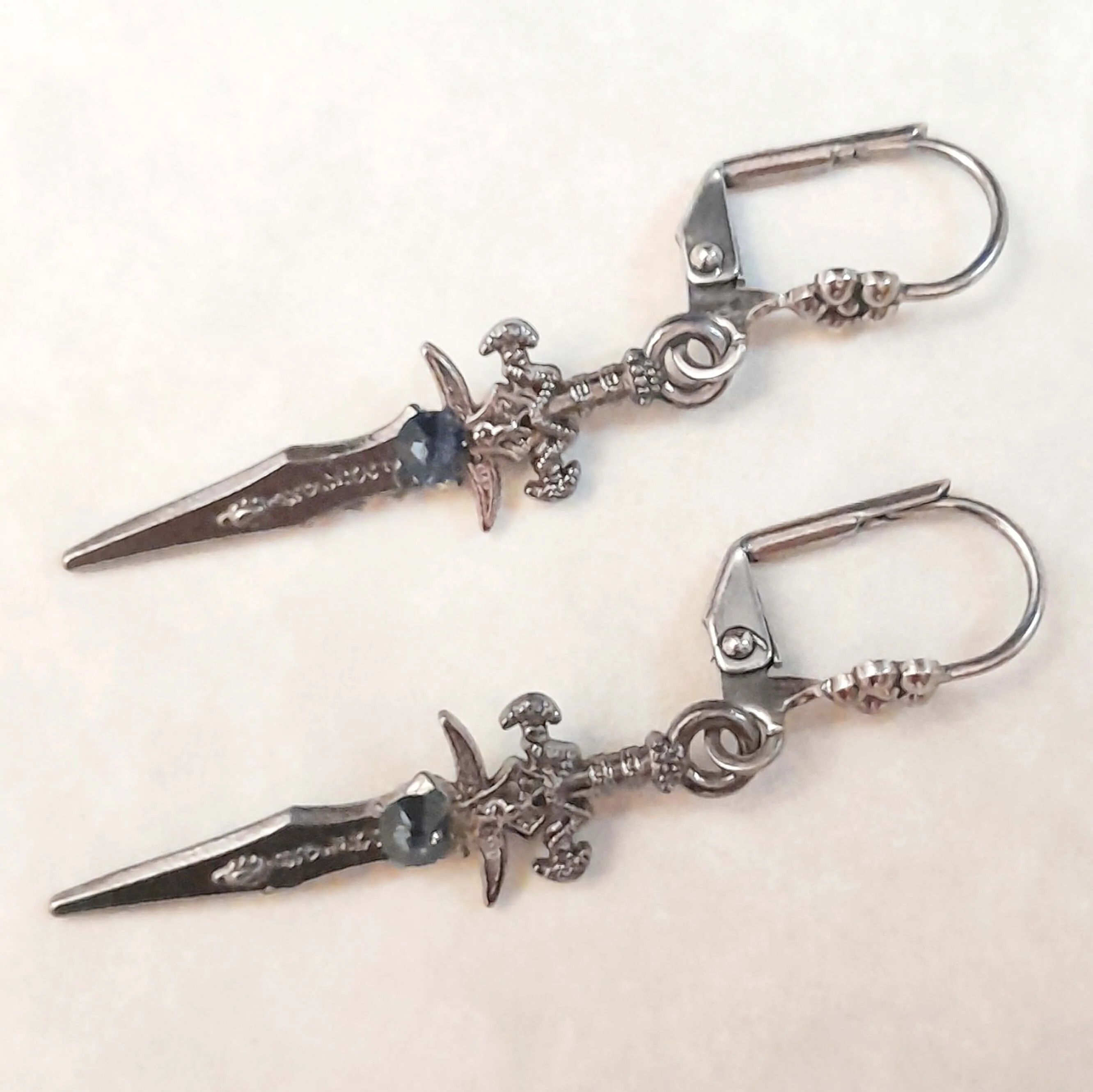 Silver Sword Earrings with Blue Crystals