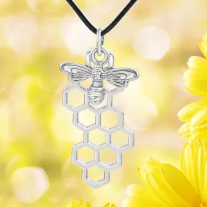 Silvertone Honeycomb & Bee Pendant Necklace