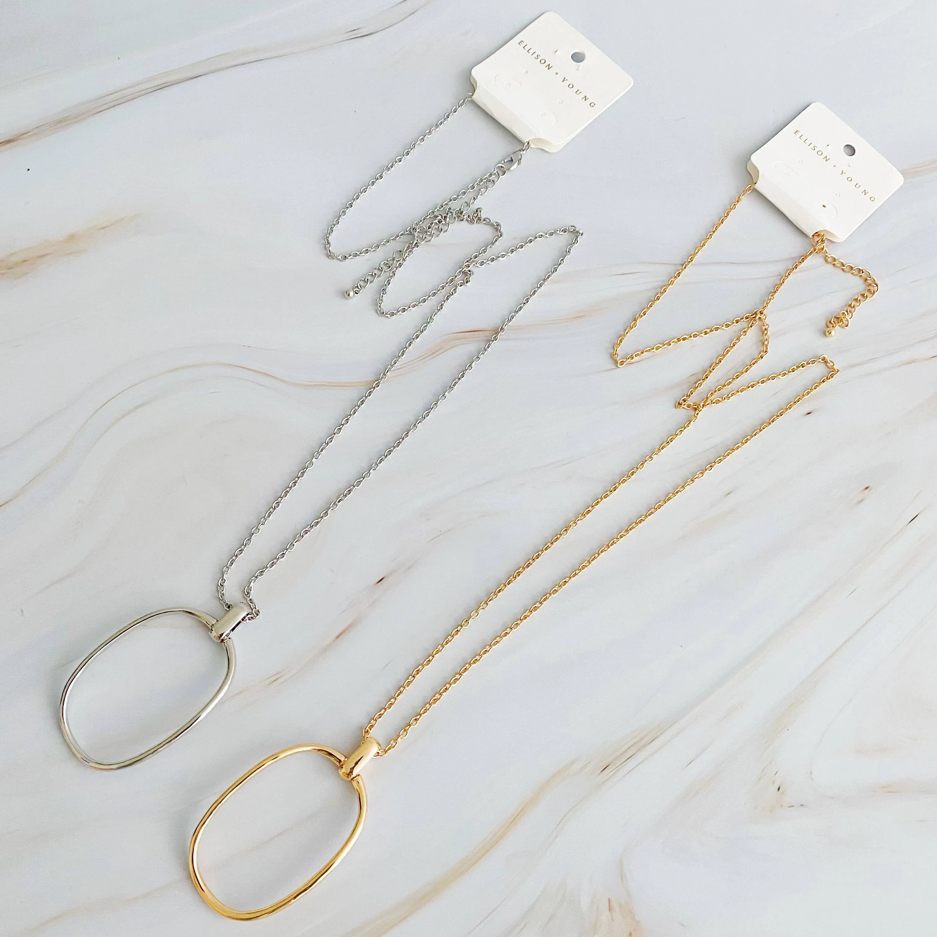 Sleek Oval Pendant Long Necklace: Silver