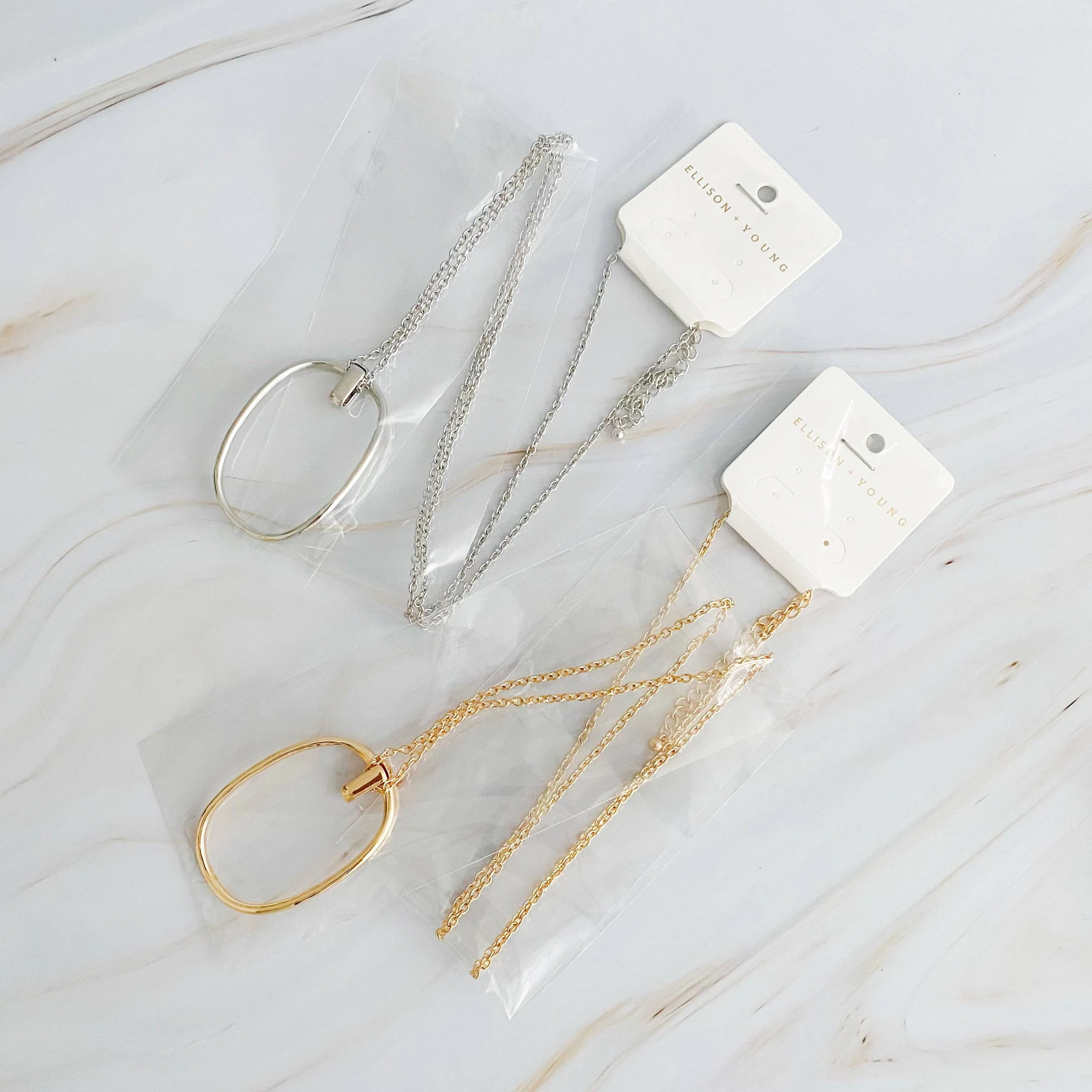 Sleek Oval Pendant Long Necklace: Silver