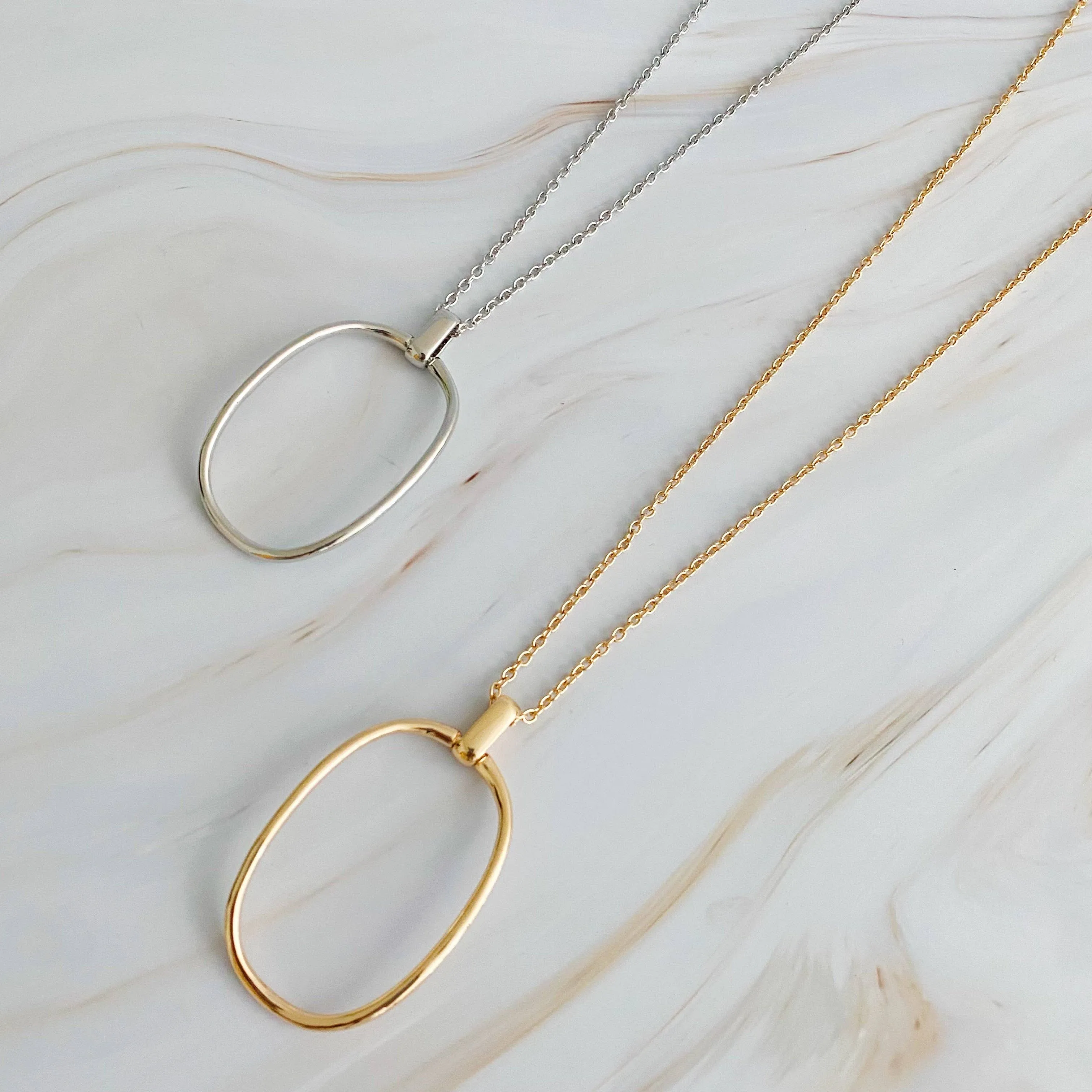 Sleek Oval Pendant Long Necklace: Silver
