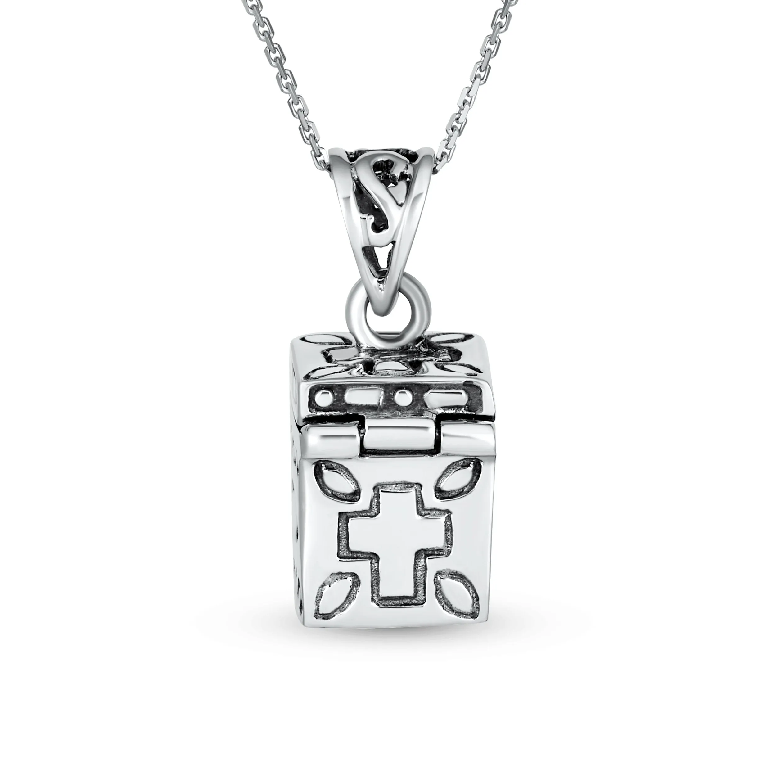 Sterling Silver Ichthys Jesus Cross Prayer Box Locket Necklace Memorial Holder