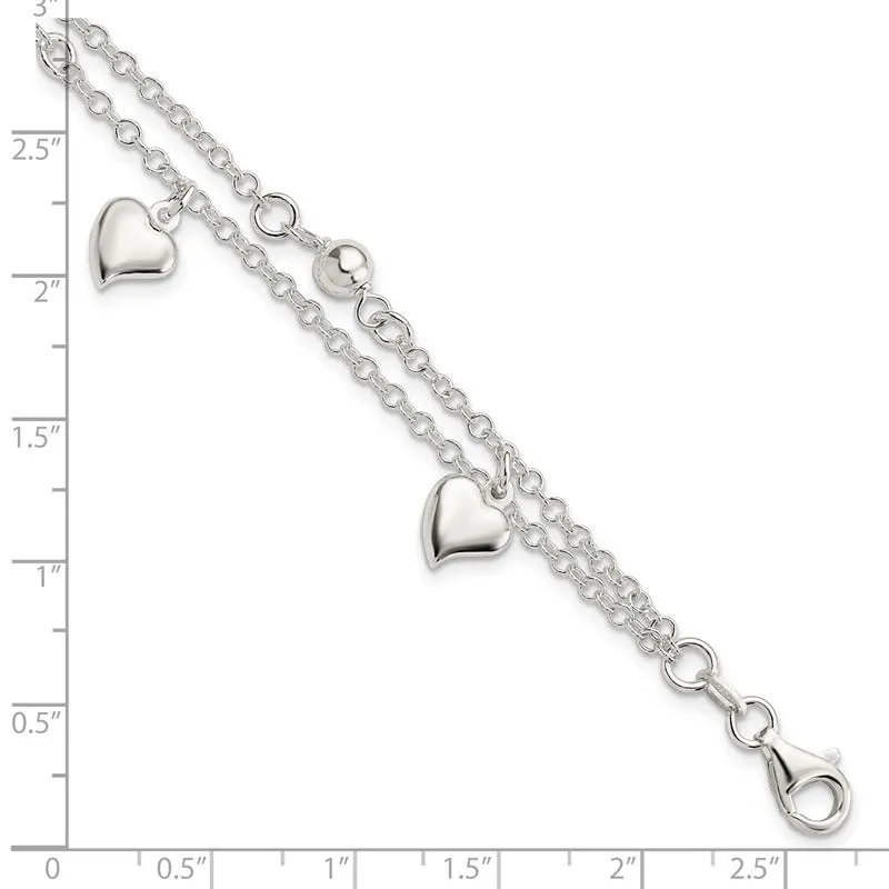 Sterling Silver Polished Dangle Heart 6.5in Plus .75 in ext Bracelet