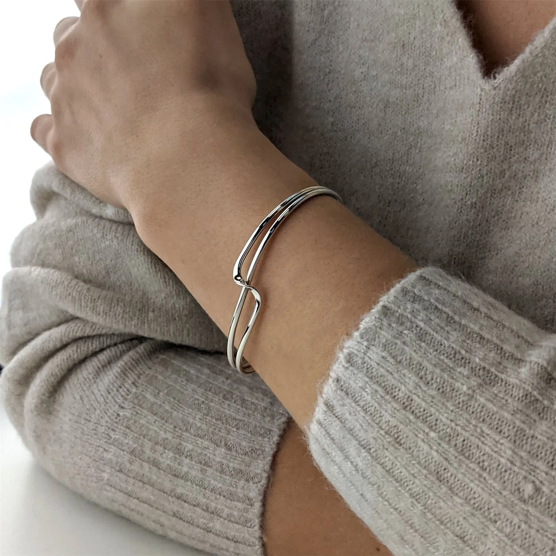 Sterling Silver Twist Wave Crossover Cuff Bangle - Double Row Design