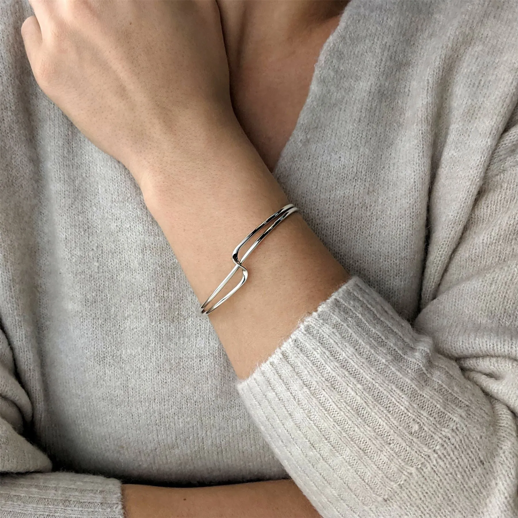 Sterling Silver Twist Wave Crossover Cuff Bangle - Double Row Design