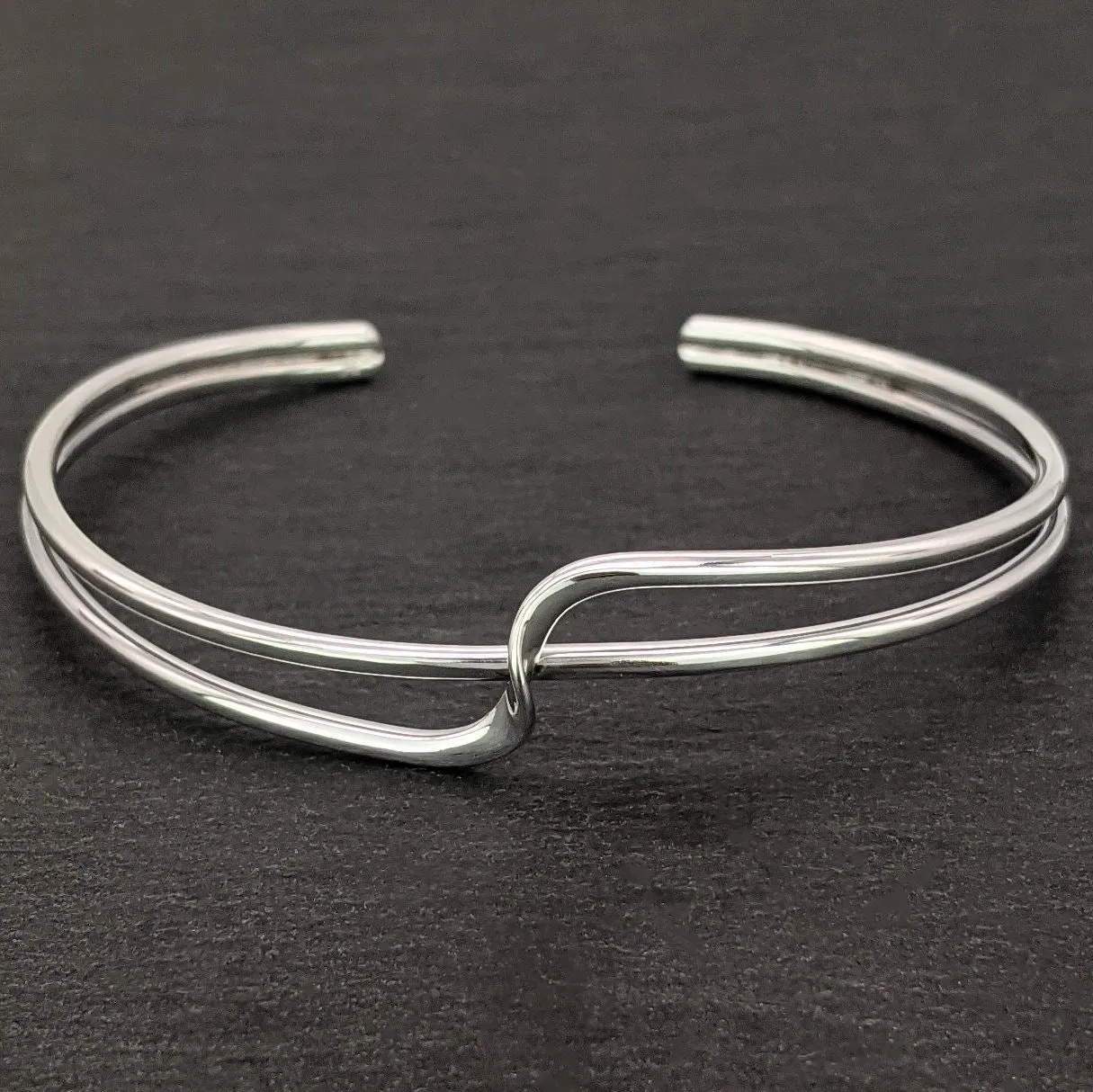 Sterling Silver Twist Wave Crossover Cuff Bangle - Double Row Design