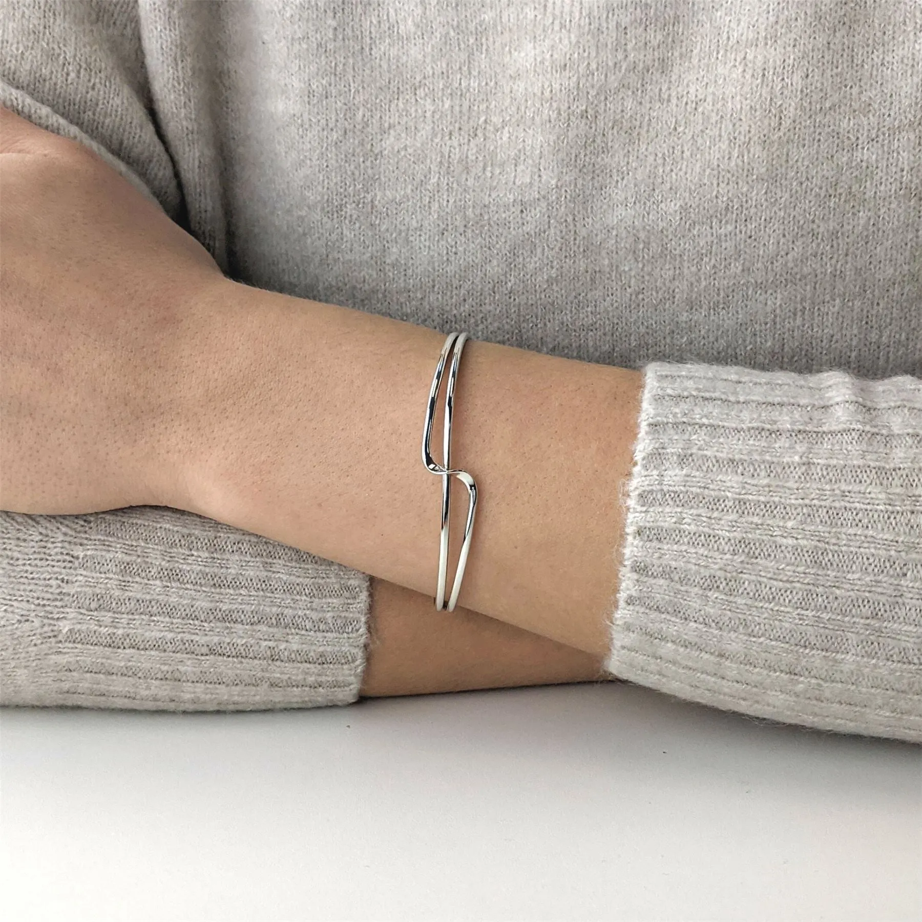 Sterling Silver Twist Wave Crossover Cuff Bangle - Double Row Design