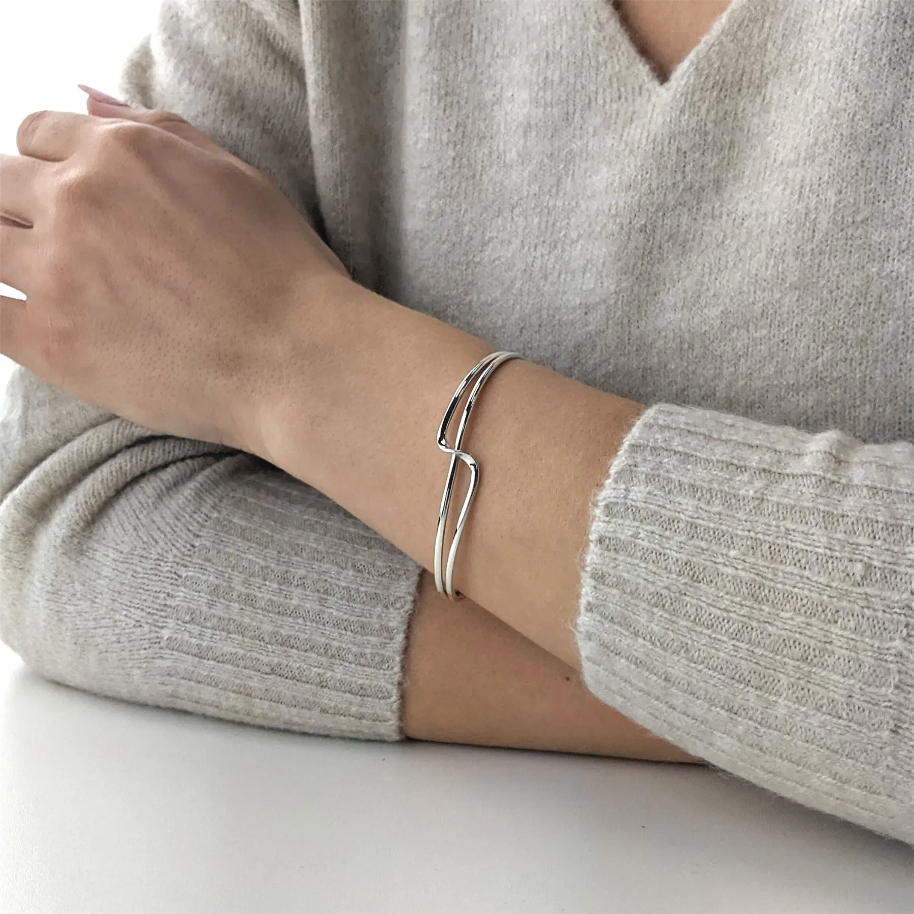 Sterling Silver Twist Wave Crossover Cuff Bangle - Double Row Design