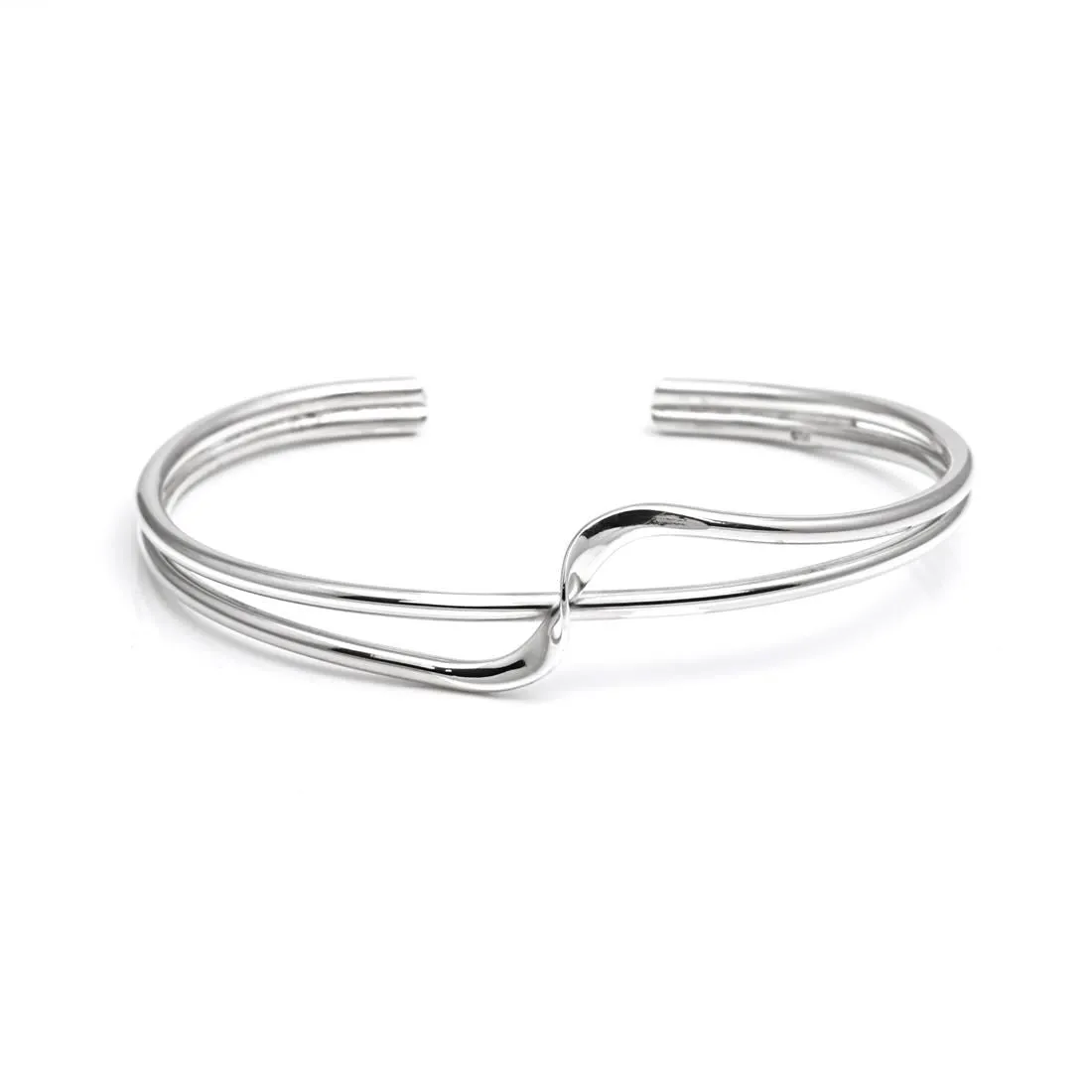 Sterling Silver Twist Wave Crossover Cuff Bangle - Double Row Design