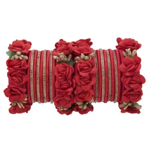 Sukriti Beautiful Handcrafted Red Flower Designer Silk thread Bridal Chuda Wedding Bangles for Women – Set of 22