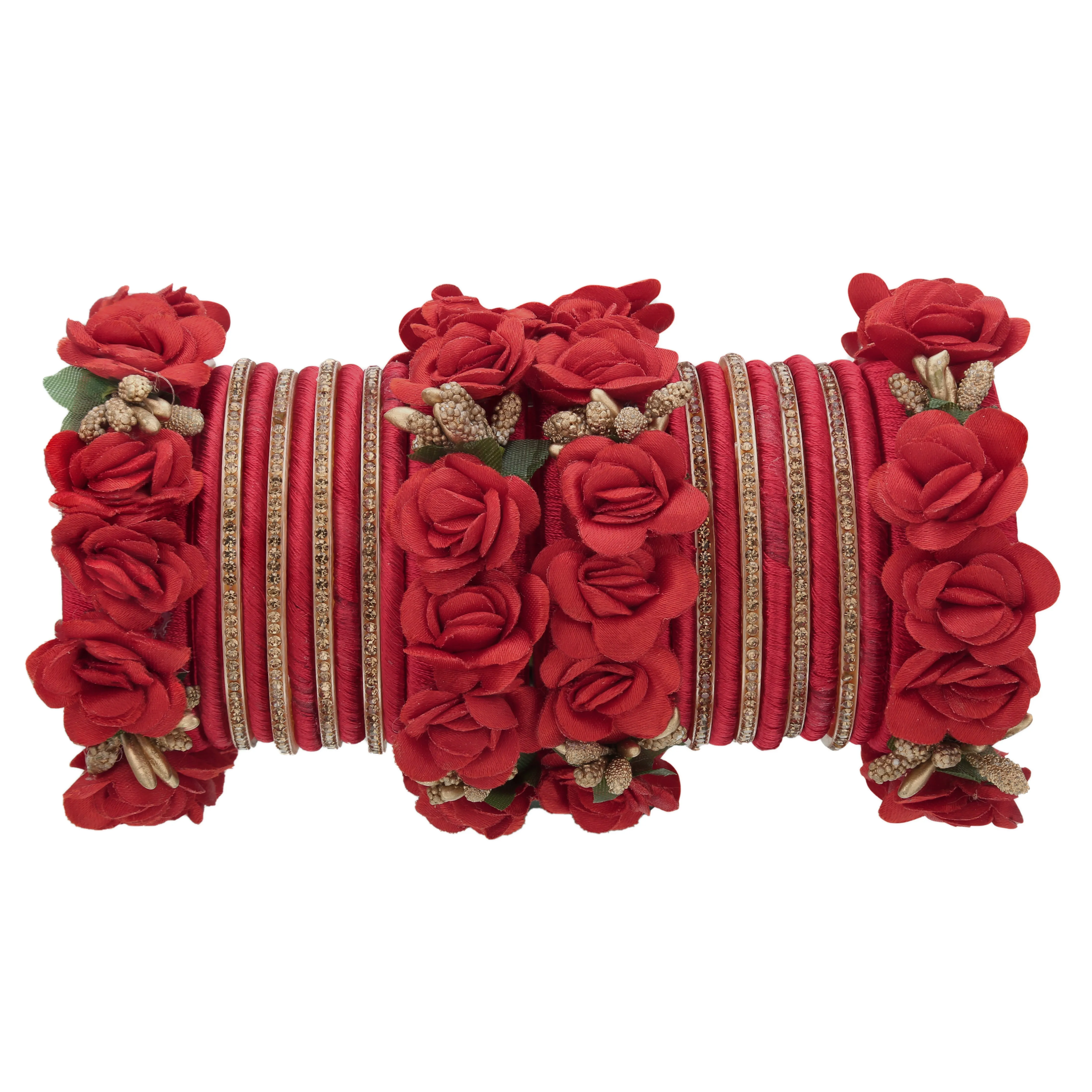Sukriti Beautiful Handcrafted Red Flower Designer Silk thread Bridal Chuda Wedding Bangles for Women – Set of 22