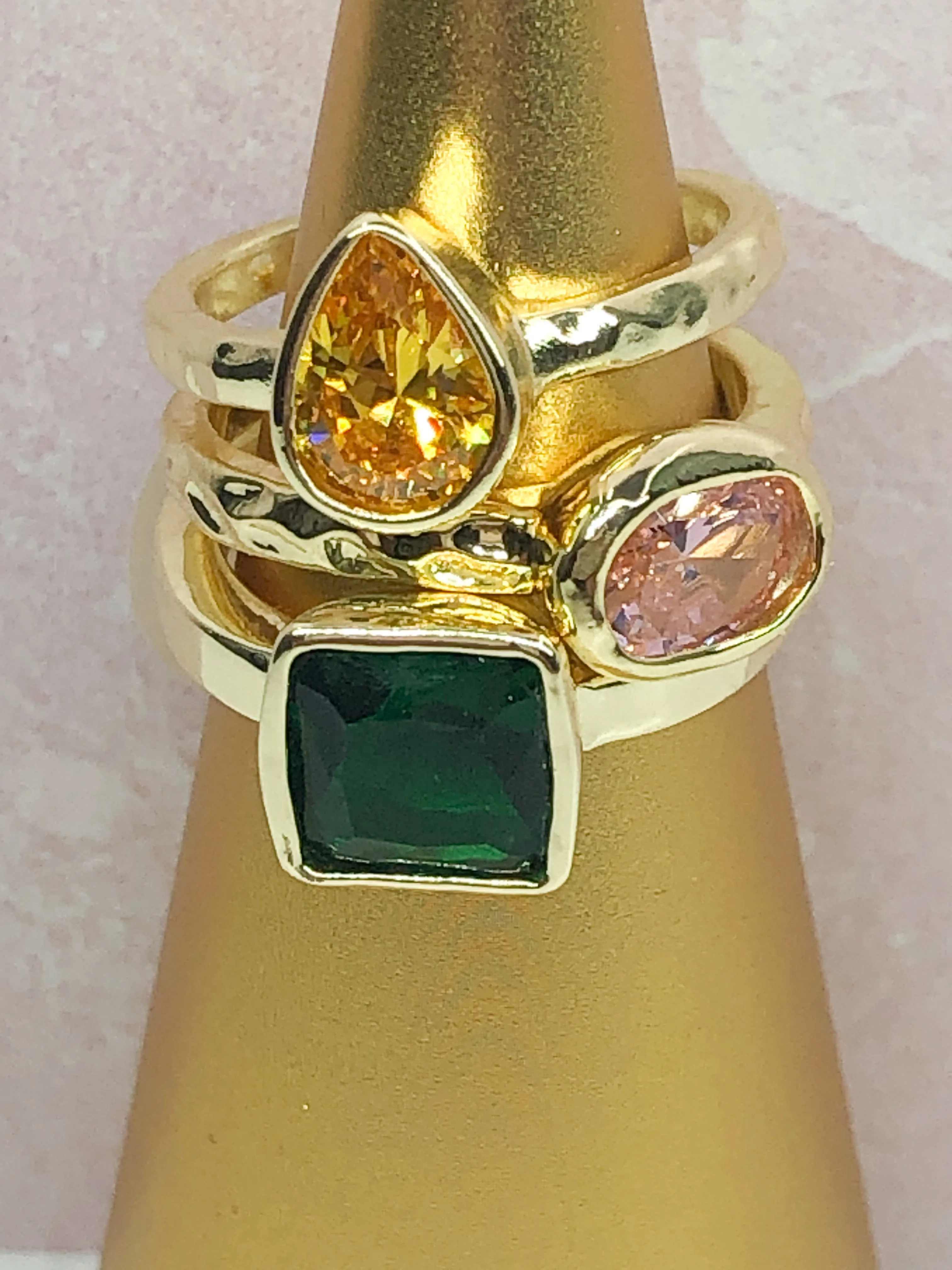 TILLY THREE STACK YELLOW, PINK, GREEN CUBIC ZIRCONIA RING IN GOLD