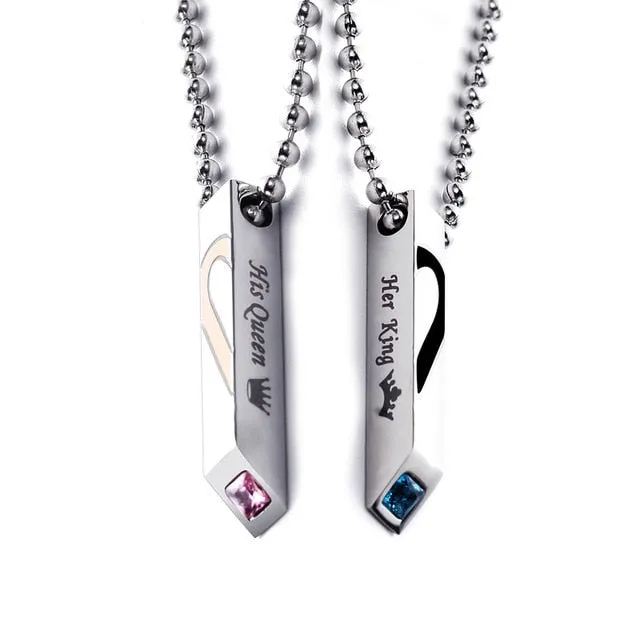 Titanium Stainless Steel Crystal Half Heart Pendant Necklace For Couple