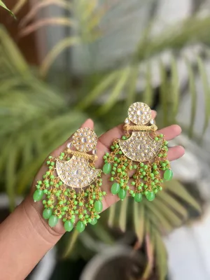 Traditional Elegance Jaipuri Kundan Jhumki Style Dangler Earrings in Light Green