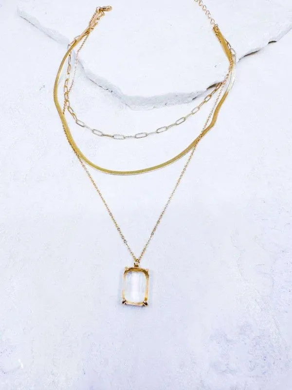 Triple Layer Necklace with Rectangle Glass Pendant