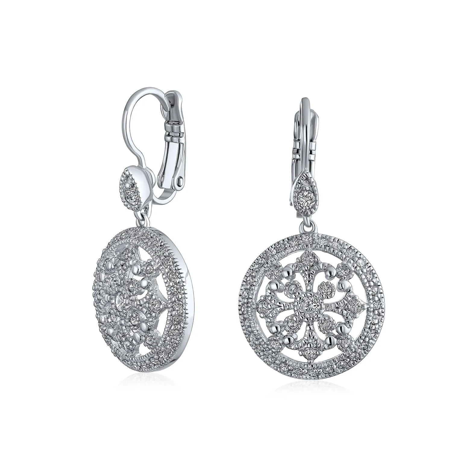 Vintage Style Bridal Dangle Chandelier Earrings with CZ and Silver Plated Brass