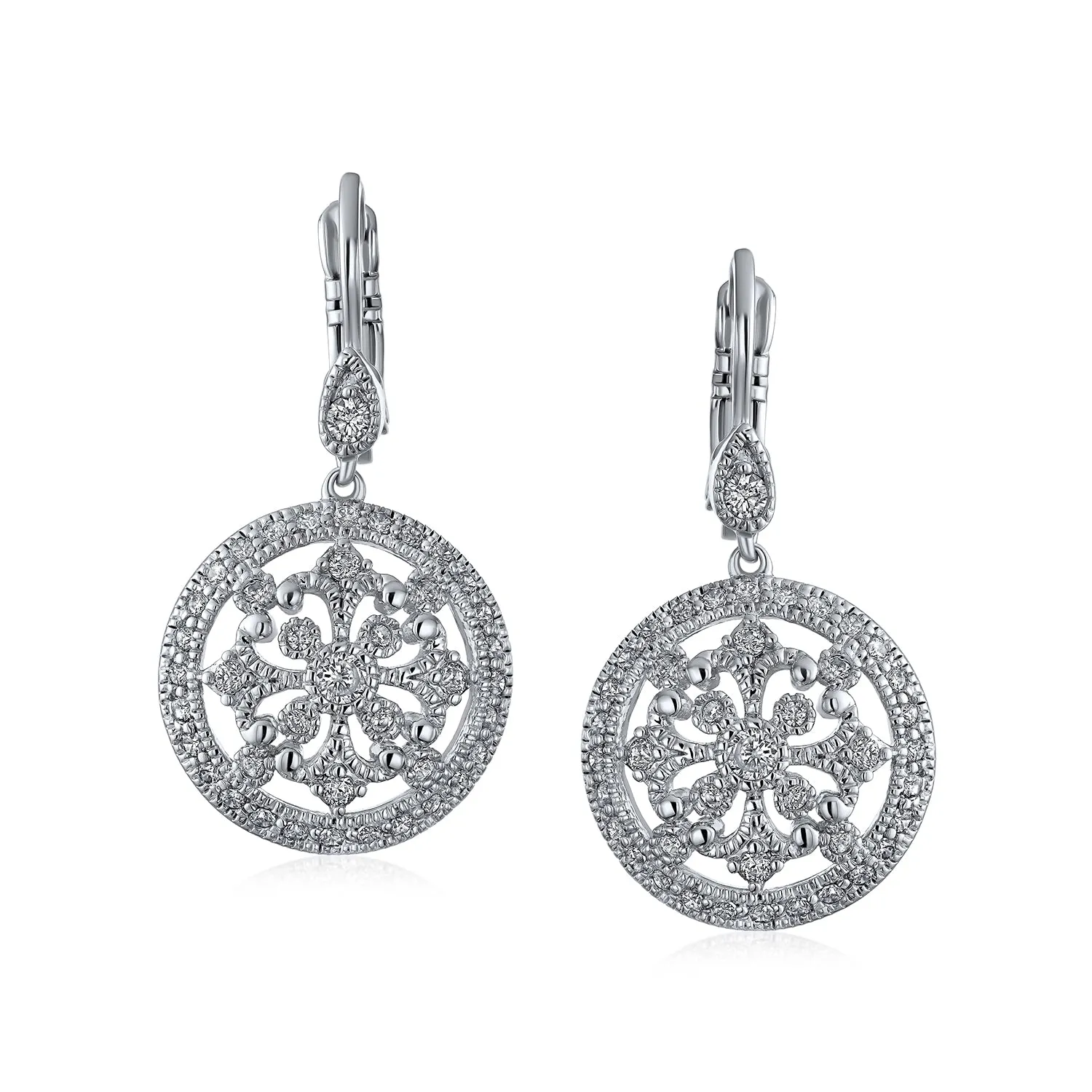 Vintage Style Bridal Dangle Chandelier Earrings with CZ and Silver Plated Brass