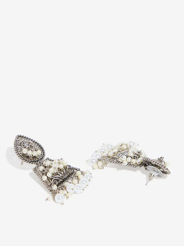 Westside Accessories Silver Pearl Embellished Carved Jhumka Earrings