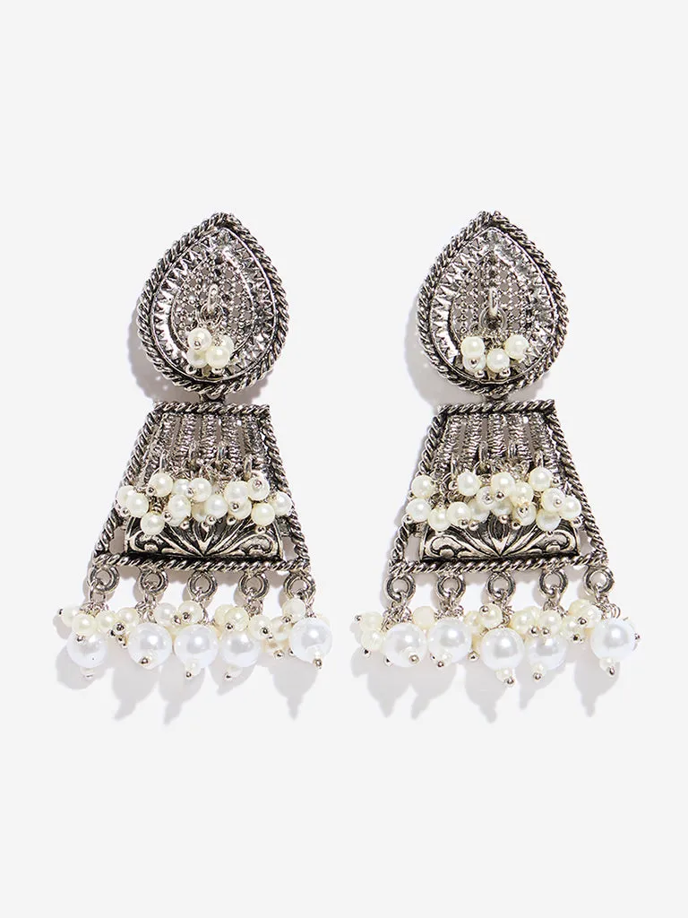 Westside Accessories Silver Pearl Embellished Carved Jhumka Earrings