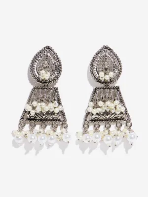 Westside Accessories Silver Pearl Embellished Carved Jhumka Earrings