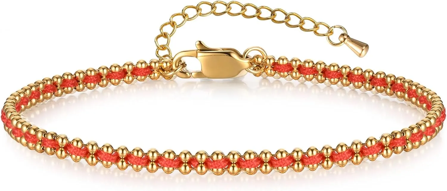 Women's Red Rope Gold Bracelet - 14k Gold Plated Link Bracelets,Hypoallergenic Stainless Steel Adjustable Luck Red Woven Bracelet,Christmas Valentine's Day Birthday Party Trendy Jewelry Gift for Her