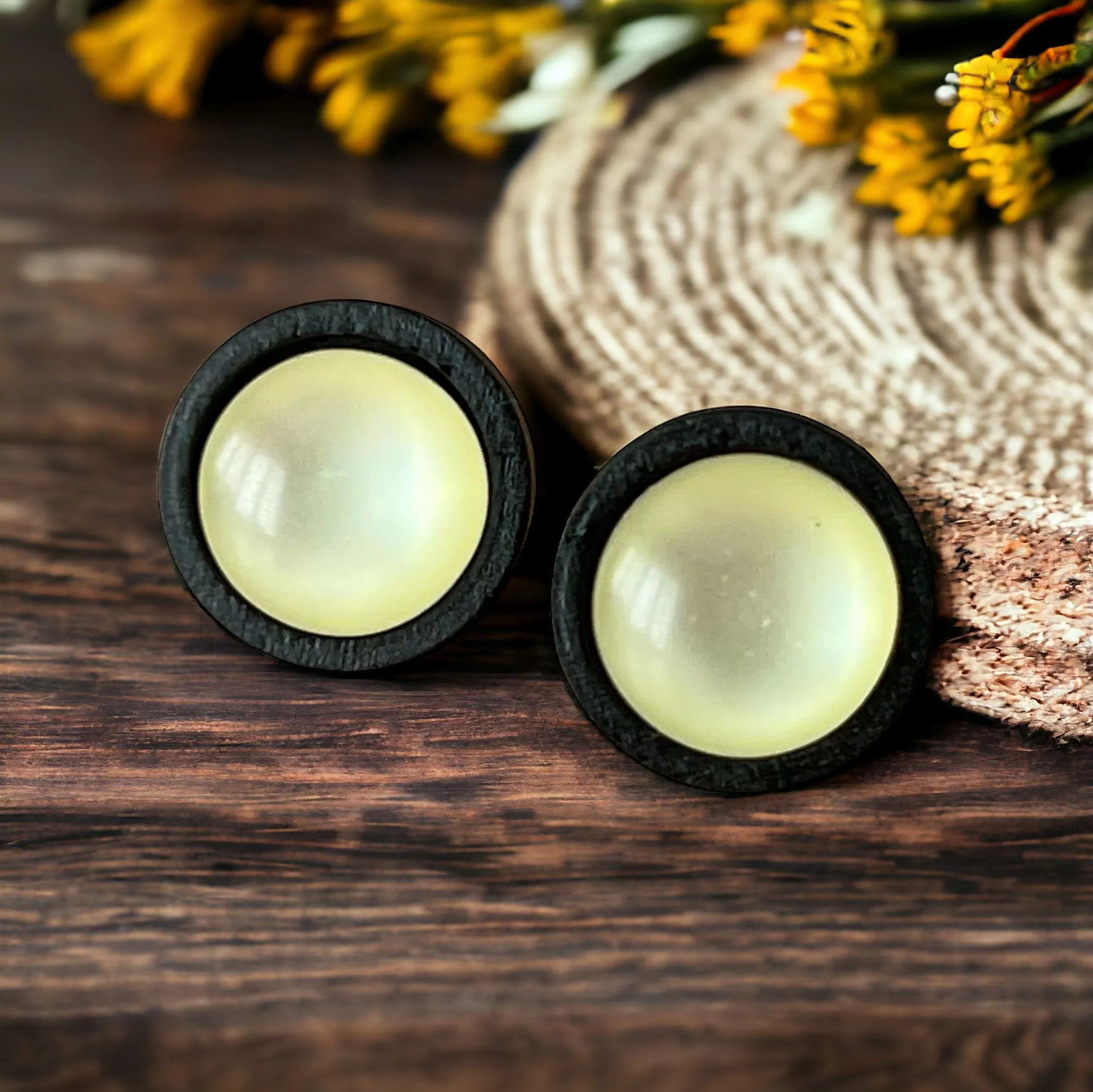 Yellow Resin Black Wood Unisex Stud Earrings - Stylish & Versatile Jewelry