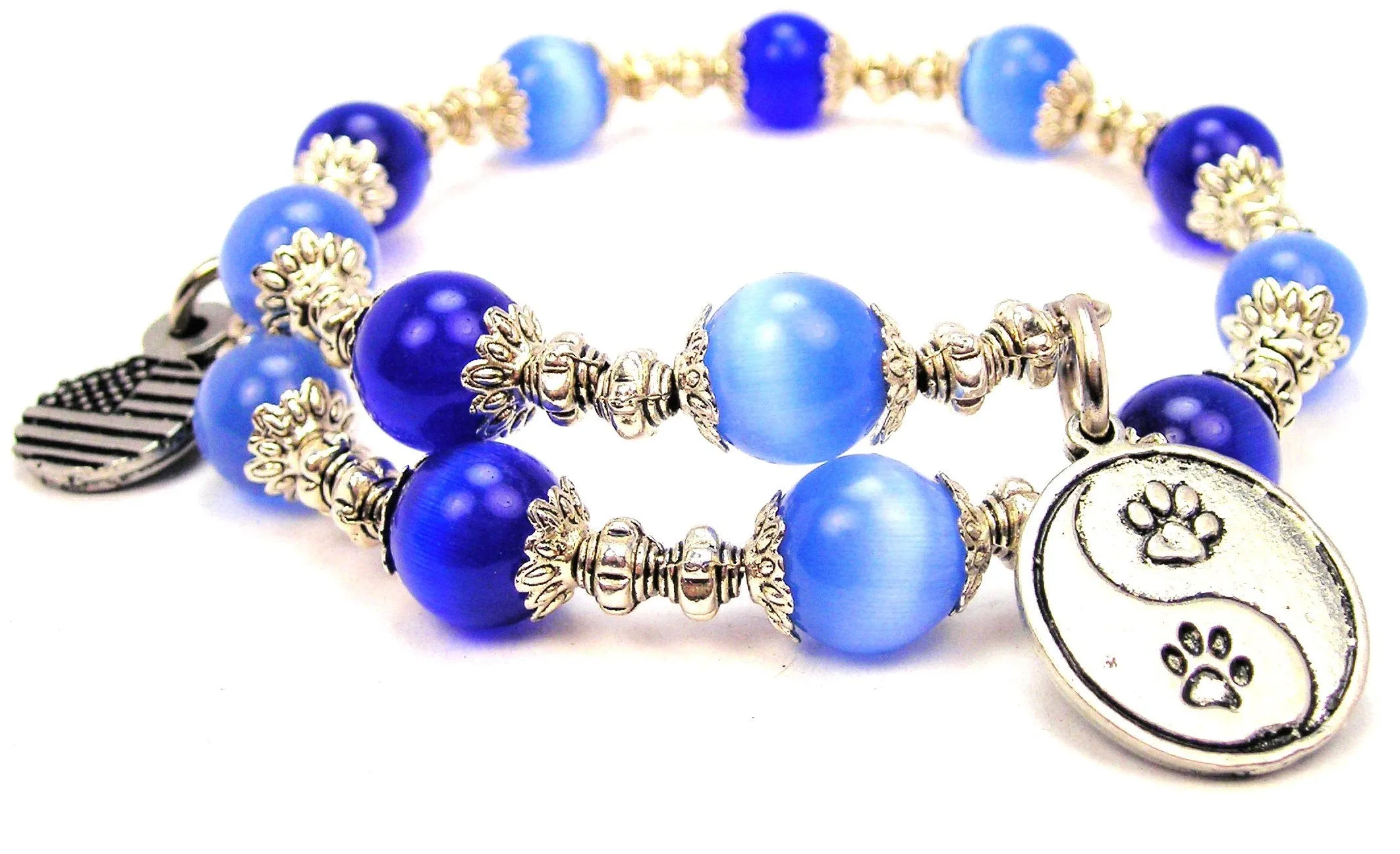 Yin Yang Paw Prints Cat's Eye Beaded Wrap Bracelet